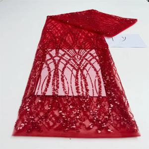 레드 튤 비즈 장식 레이스 원단, 나이지리아 아프리카 레이스 원단 웨딩 파티용, 프렌치 튤, 고품질, 1야드, 2025