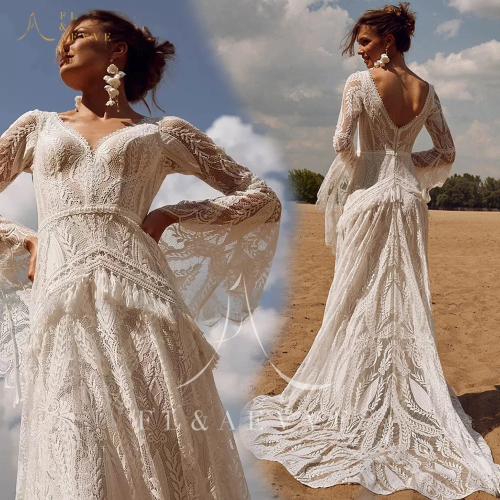 FL&AEVVE 시크 시빌 보헤미안 레이스 웨딩 드레스 긴 소매 맞춤형 히피 크로셰 브라이덜 가운 개츠비 엘비시 드레스 로브