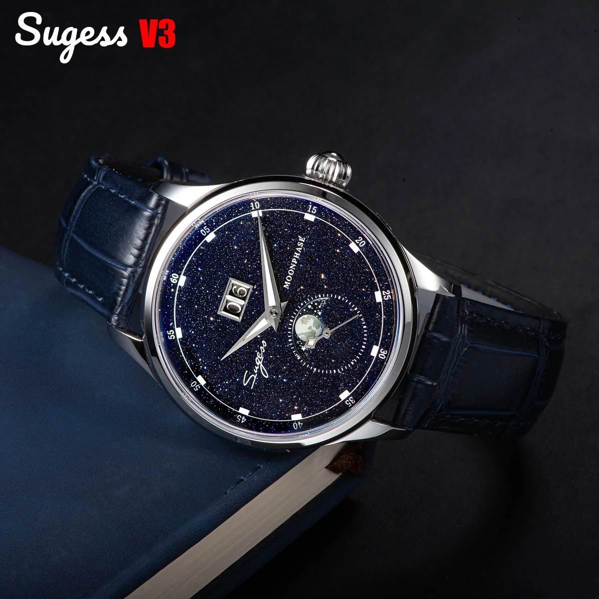 Sugess Moonphase 남성용 시계 40mm 자동 기계식 손목 시계 Seagul ST2528 무브먼트 스테인레스 스틸 블루 사암 다이얼
