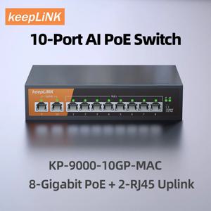 KeepLiNK 업링크용 기가비트 스위치, 비관리형 플러그 앤 플레이, 8-PoE 및 2-RJ45, 10 포트
