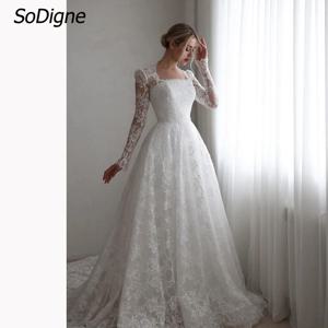 SoDigne A 라인 보호 레이스 웨딩 원피스, 긴 신부 드레스, 스퀘어 칼라, 신부 드레스, 맞춤형 드레스
