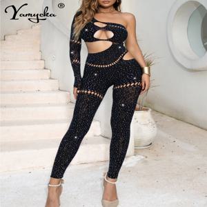 섹시한 긴 소매 라인 석 bodycon 점프 슈트 여성 바디 바디 슈트 생일 파티 클럽 중공 복장 여성 점프 슈트 전체