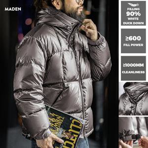 Maden 남성용 캐주얼 광택 후드 90% 화이트 덕 다운 재킷, 따뜻한 스탠드업 칼라 퍼퍼, 다목적 단색 코트, 겨울