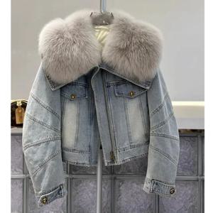 데님 따뜻한 모조 여우 모피 코트, 여성 패션, 긴 소매 짧은 청바지 모피 재킷, 여성 아웃웨어 T784, 수입 신상, 2025 겨울