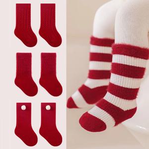 빨간 새해 양말 신생아 베이비 키즈 부드러운 솔리드 두꺼운 벨벳 유아 중반 양말 소녀 유아 소년 귀여운 뼈없는 양말 0-12Y