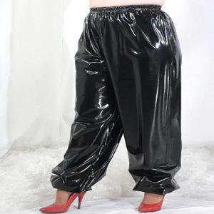 여성용 인조 가죽 탄성 허리띠 플러스 사이즈 랜턴 바지, 레이디 캐주얼 루즈 샤이니 PU 바지, TPU PVC 4XL 5XL 6XL