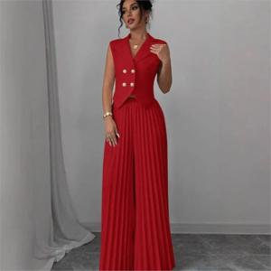 2025 여름 여성의 유행 캐주얼 옷깃 정장 우아한 통근 솔리드 컬러 민소매 탑 + 바지 섹시한 투피스 세트