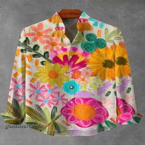 봄, 여름, 가을 신상품 남성용 스탠드 칼라 린넨 긴팔 셔츠, 흐르는 꽃무늬 탑, 하와이에서 빠른 배송