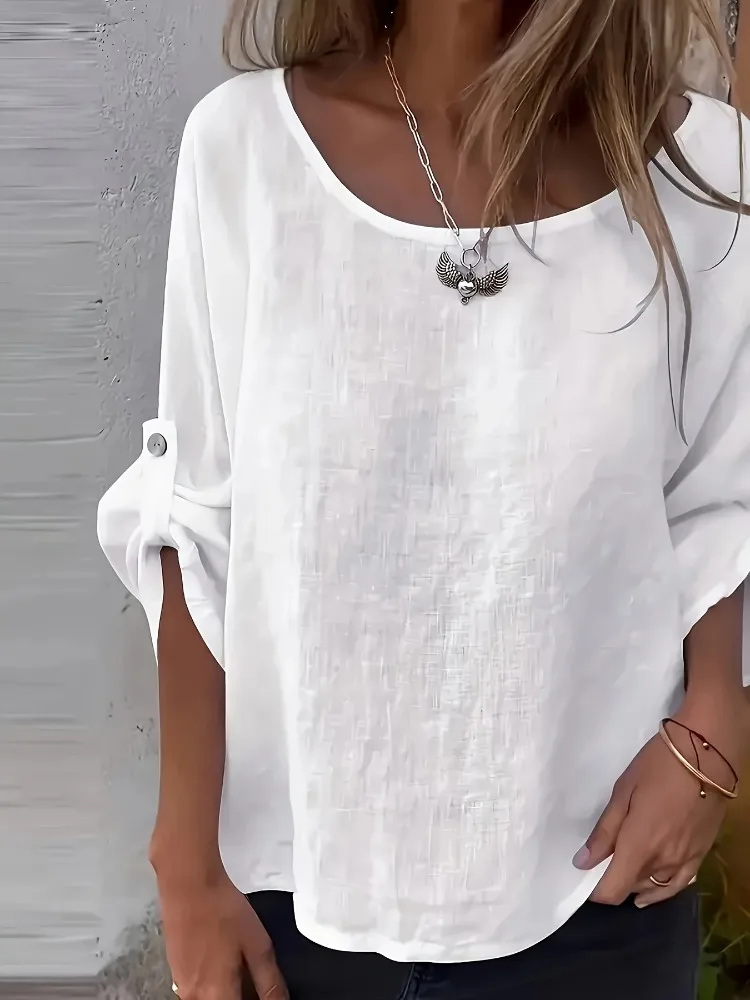 플러스 사이즈 여성 패션 여름 통기성 셔츠 크루 넥 루즈 피트 탑 블라우스 하프 슬리브 캐주얼 솔리드 플레인 레이디 Clothings