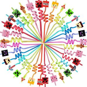 6/12pcs 팩 내 세계 픽셀 3D 밀짚 나선형 마시는 빨대 어린이 어린이 생일 파티 장식 주스 빨대 베이비 샤워