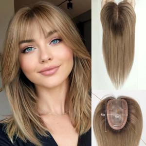 브라운 옴브레 인모 헤어피스 10인치 실크 베이스 클립형 앞머리 포함 레미 인모 천연 헤어 익스텐션 여성용 데일리