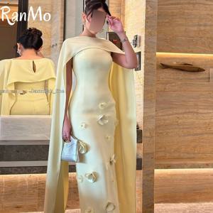 Ranmo 2025 우아한 라이트 옐로우 인어 이브닝 드레스 긴 목도리 3D 꽃 두바이 아랍어 맞춤형 파티 행사 가운