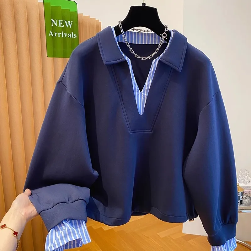 여성 루즈핏 후드티 패션 오버사이즈 후드 캐주얼 만능 레이지 스타일 긴팔 스웨트셔츠 가을 겨울 페이크 투피스