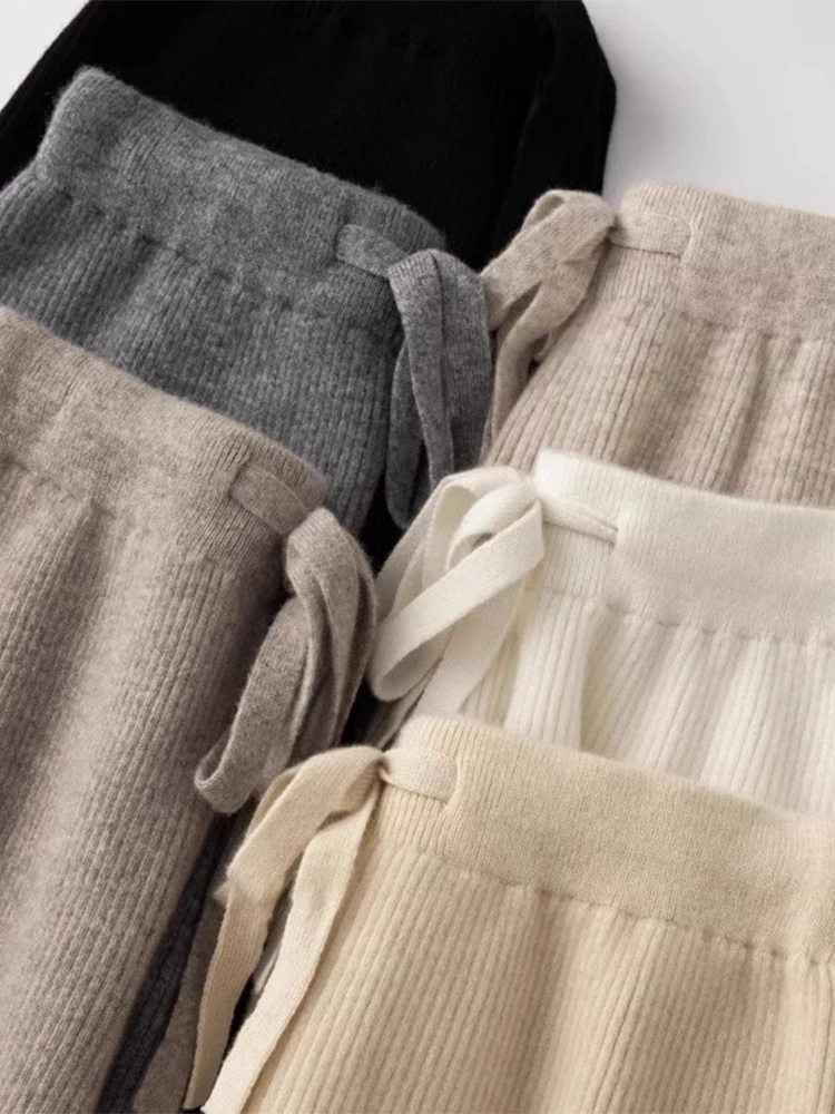 캐시미어 니트 와이드 팬츠 여성용 가을 찹쌀색 하이웨이스트 드레이프 스트레이트 캐주얼 롱 팬츠 두꺼운