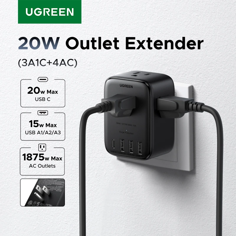 UGREEN 20W 멀티탭 4 AC 콘센트 3 USB-A 1 USB-C 포트 탑재 1875W 15A 125V 가정 사무실 여행용 콘센트 확장기 충전기 멀티 어댑터
