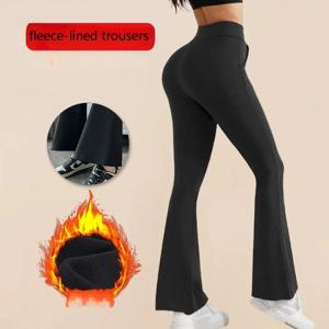 포켓이 있는 여성용 양털 안감 플레어 팬츠 요가 바지 신축성 있는 허리밴드 신축성 있는 편안한 핏