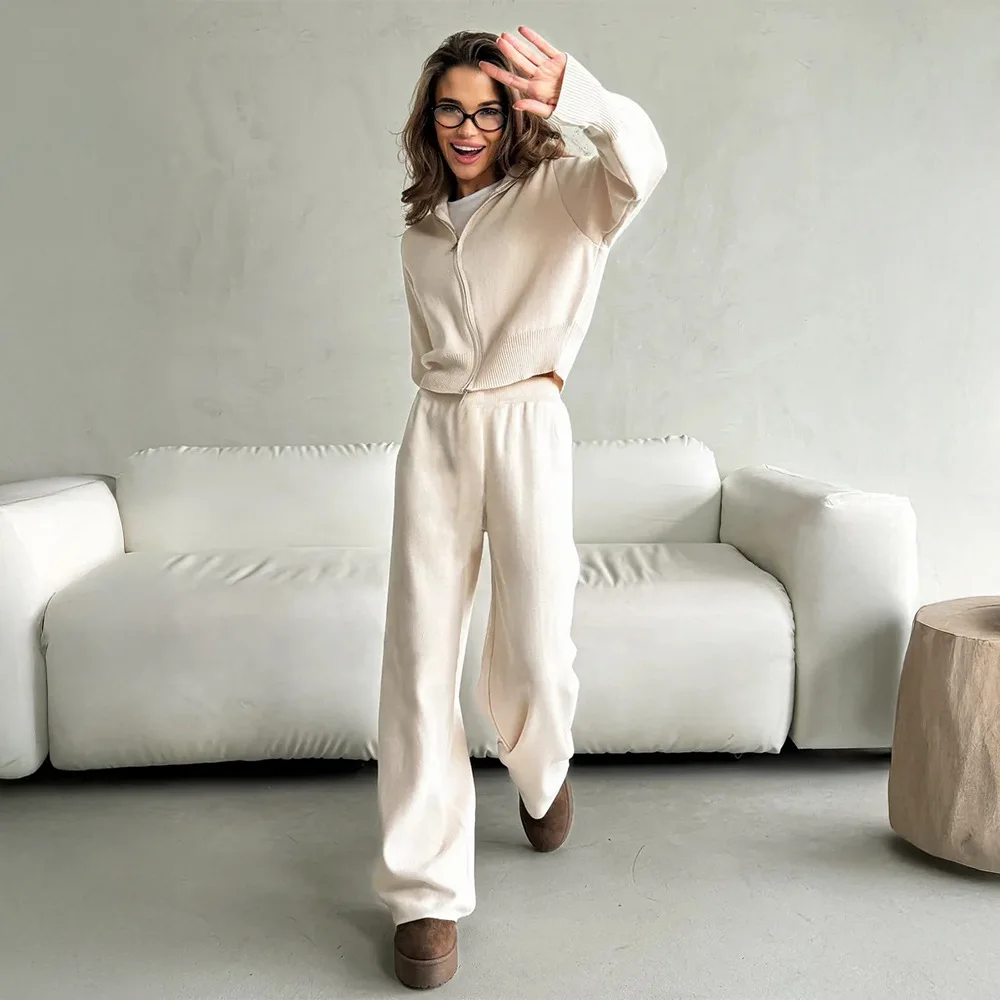 가을 겨울 여성 니트 팬츠 슈트 패션 스윗 솔리드 두꺼운 따뜻한 가디건 스웨터 캐주얼 니트 와이드 레그 팬츠 2종 세트