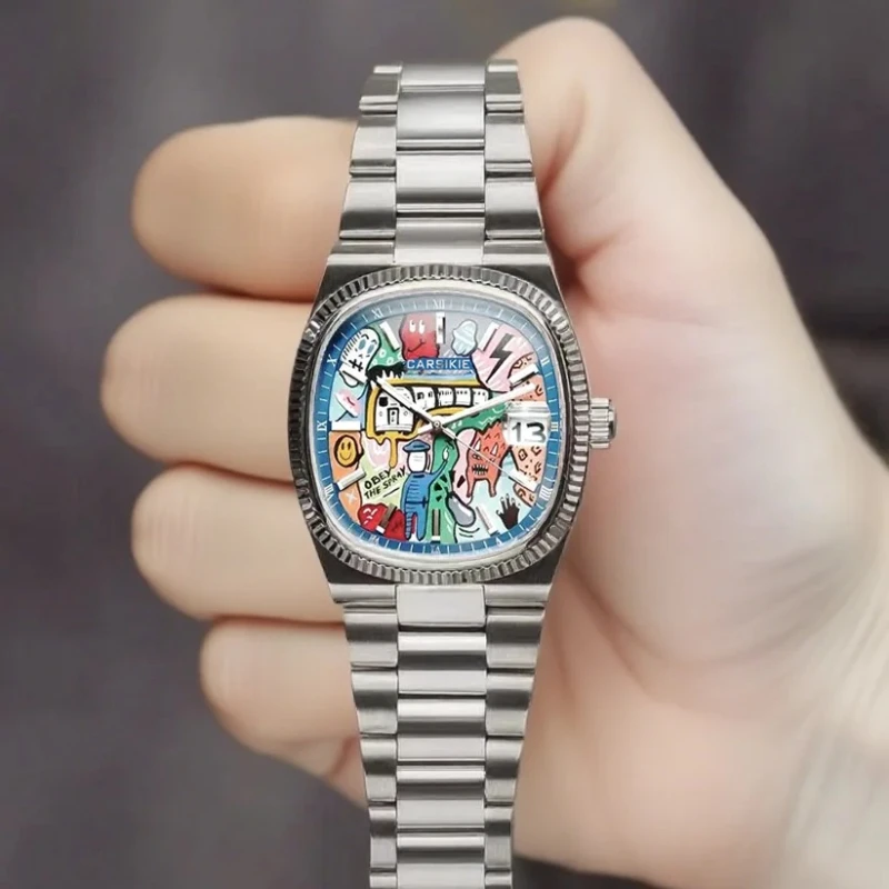 2025 뉴 스퀘어 남성용 시계 추상 예술 다이얼 트렌디 레트로 니치 시계 명품 선물 실버 블랙 골드 쿼츠 시계 스트릿 스타일