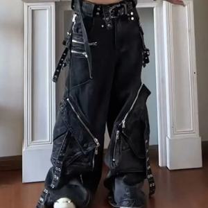 블랙 고딕 펑크 멀티 포켓 지퍼 블랙 청바지 남성과 여성 Y2K 아메리칸 헐렁한 패션 빈티지 캐주얼 루즈 와이드 레그 청바지