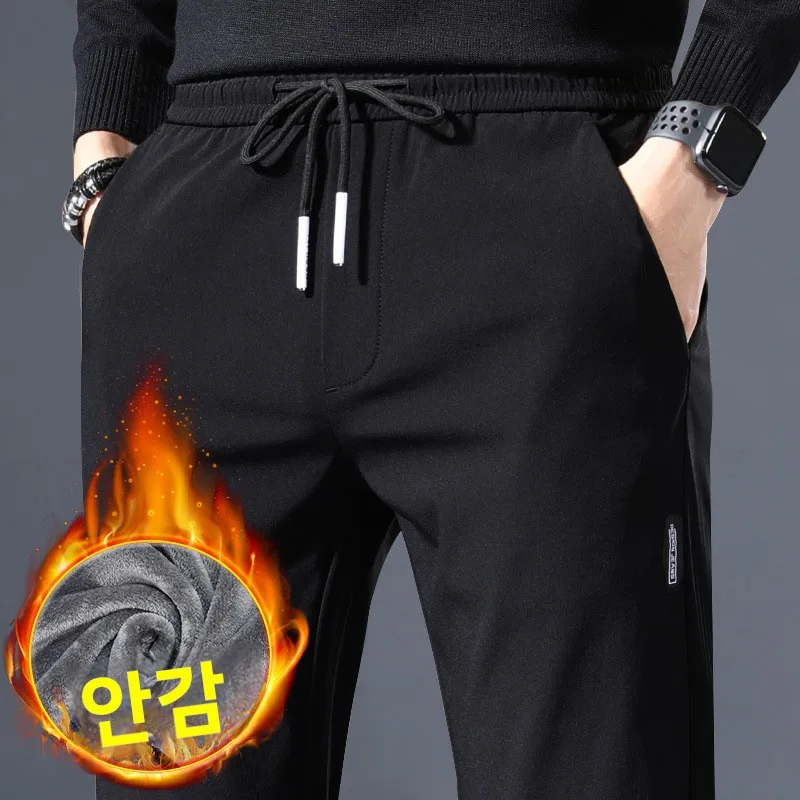 남성 캐주얼 플리스 안감 루즈핏 스트레이트 레그 팬츠 가을 겨울 아우터웨어 스포츠 스타일 폴리에스터 섬유 롱 트라우저