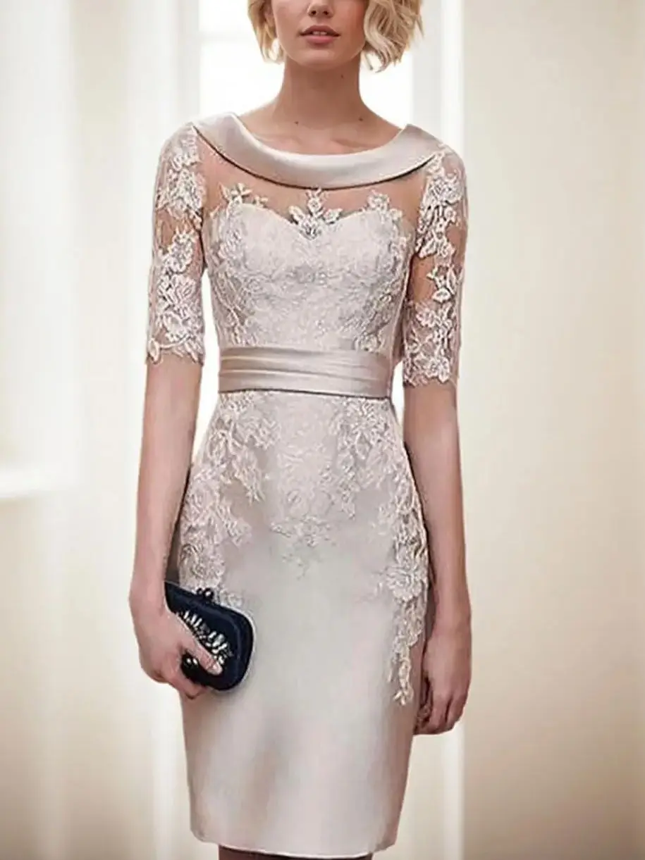 우아한 클래식 시스 웨딩 게스트 드레스 보트넥 새틴 무릎 길이 반소매 아플리케 레이스 프롬 가운 2025 무료 맞춤 제작