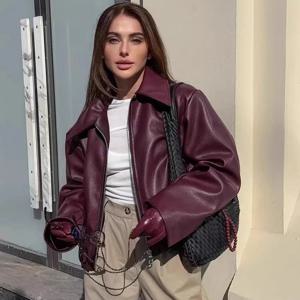 가을 겨울 레트로 가죽 재킷 2025 신상 여성 PU 가죽 재킷 숏 라펠 모터사이클 루즈 코트 여성 바이커 가죽 코트