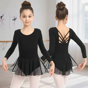 여아용 발레 레오타드 1개, 크리스크로스 홀로우 백 댄스 레오타드, 스커트 포함, 아동용 긴팔 댄스웨어, 메쉬 발레 드레스