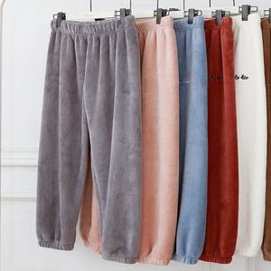 두꺼운 플리스 홈 팬츠 양면 코랄 벨벳 따뜻한 가을 겨울 홈 여성용 루즈한 따뜻한 잠옷 캐주얼 하이웨이스트 롱 팬츠