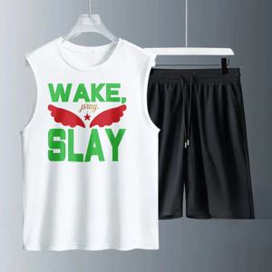 남성용 조끼 정장 여름 민소매 프린트 웨이크 슬레이 탱크탑 + 반바지 조깅 세트 트랙슈트 빠른 건조 남성용 트랙슈트