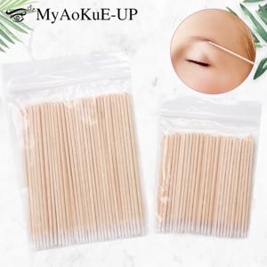 일회용 초소형 면봉 100pcs 린트 프리 마이크로 브러쉬 나무 면봉 면봉 속눈썹 연장 접착제 제거 도구