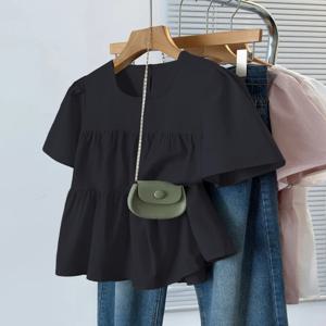 루즈 버블 슬리브 반팔 셔츠 여성 여름 스위트 스타일 캐주얼 루즈핏 배 커버 슬리밍 탑 플러스 사이즈