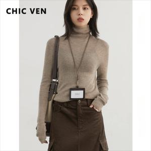 CHIC VEN 여성용 스웨터, 터틀넥 솔리드 긴팔, 니트 하의 셔츠, 슬림 점퍼, 여성 풀오버, 가을, 겨울 2024