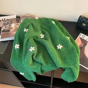 여성용 녹색 입체 꽃 자수 스웨터, 얇은 부드러운 왁스, 느슨한 고급 두꺼운 니트, 가을 겨울