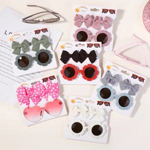 1 세트 어린이 모자를 쓰고 있죠 안경 소녀를위한 솔리드 소프트 Bowknot 헤어 클립 자용 레트로 라운드 선글라스 어린이 헤어 액세서리