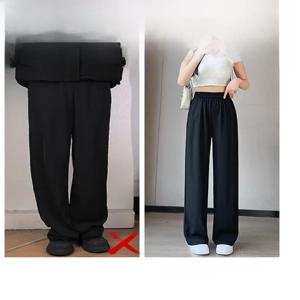 플러스 사이즈 여성 슬림 와이드 레그 팬츠 캐주얼 드레이프 블랙 아이스 실크 스트레이트 레그 수트 팬츠 봄 가을 하이 웨이스트 롱 팬츠