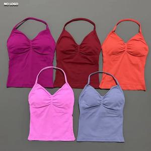 히스텔로 스포츠 롱라인 스트래피 탑 여성용 심리스 요가 베스트 탈부착 패드 백리스 피트니스 탱크탑 짐 운동 홀터