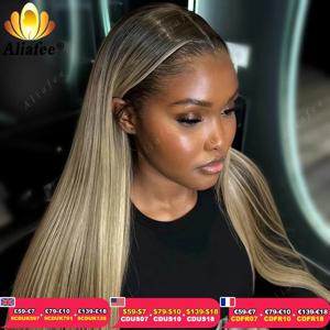 옴브레 더티 블론드 스트레이트 레이스 프론탈 가발 13x6 인모 가발 애쉬 블론드 (어두운 뿌리 포함) 13x4 레이스 프론탈 여성용 가발