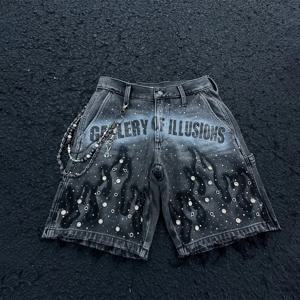 Y2K 패션 디스트레스드 청바지 레트로 라인 석 불꽃 패턴 인쇄 캐주얼 워시 데님 반바지 남성 여성 하이 웨이스트 streetwear