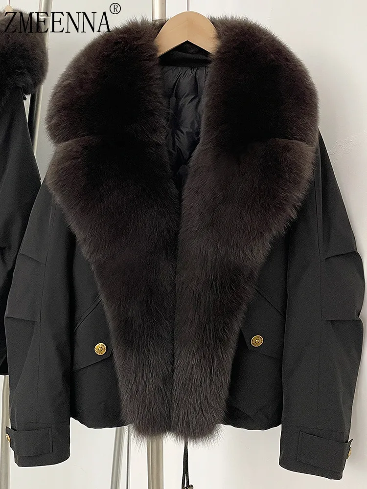 ZMEENNA Womens Black Trim Parka Jacket 따뜻한 겨울 코트 고급스러운 대형 모피 칼라 겉옷 세련된 패션 스타일 ZM3362