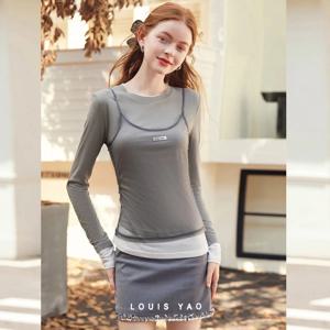 루이 야오 컬러 배색 스플라이싱 투피스 세트 2025 가을 맞춤형 라운드넥 긴팔 여성 세트 니트 셔츠