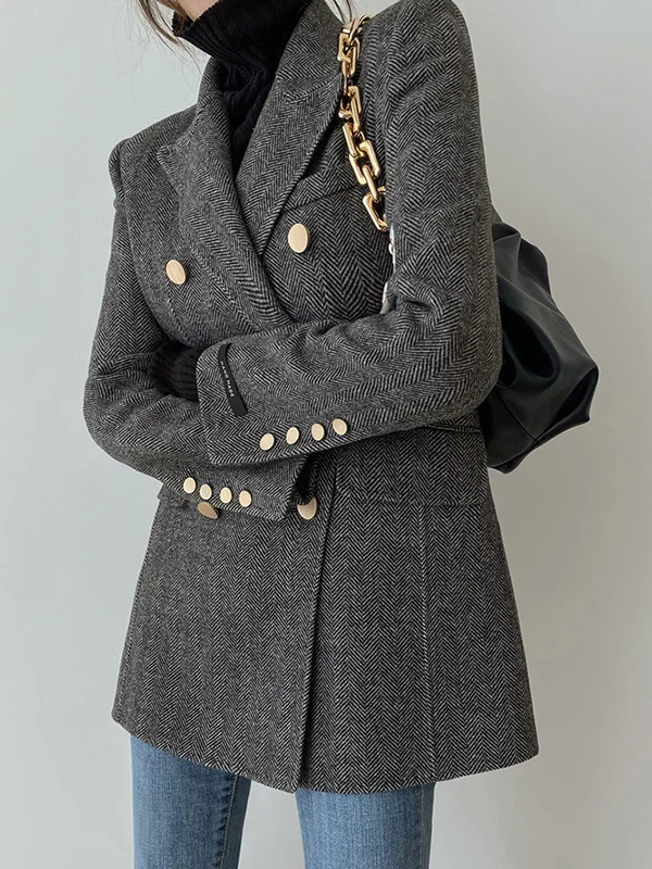 우아한 울 코트 여성용 한국 스타일 가을 롱 슬림핏 체크무늬 수트 더블 버튼 폴리에스터 섬유