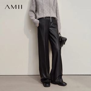 AMII 여성용 바지 2025 겨울 신상 미니멀리스트 출퇴근용 PU 가죽 루즈 와이드 팬츠 캐주얼 오피스 레이디 바지 12524063