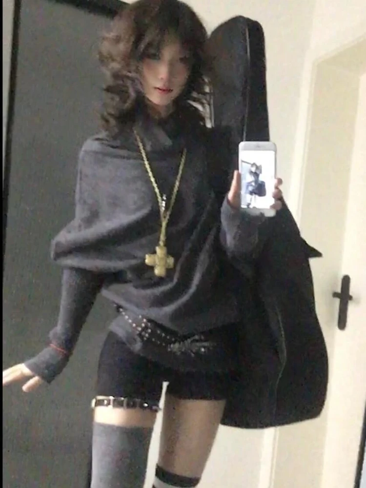 2000년대 한국 패션 슬림 배트윙 슬리브 가을 스웨터 Y2K 단색 서브컬쳐 캐주얼 긴팔 풀오버 스웨터 시크