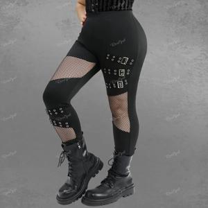ROSEGAL 플러스 사이즈 여성 신축성있는 허리 바지 블랙 고딕 Fishnet 중공 패치 워크 버클 그로멧 스키니 팬츠 하의
