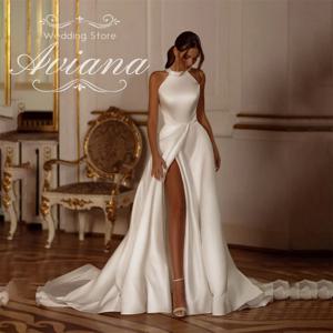 Aviana 맞춤형 우아한 진주 민소매 웨딩 원피스, 여성 하이 슬릿 백 활, A 라인 심플 얼룩 신부 가운