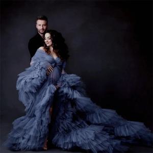 블루 여성 출산 드레스 V 넥 풀 슬리브 임산부 가운, 사진 촬영용 맞춤 제작, 지친 얇은 명주 그물, 베이비 샤워, 무도회 가운