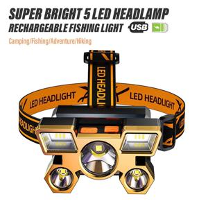 5 * LED 고출력 헤드램프, 슈퍼 브라이트 충전식 낚시 캠핑 조명, 장거리 헤드 마운트 마이닝 램프, 손전등