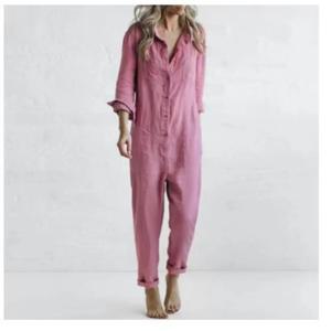 패션 코튼 린넨 긴 소매 포켓 점프 슈트 여성 가을 ​​캐주얼 루즈 솔리드 컬러 셔츠 점프 슈트 여성 군사 Rompers