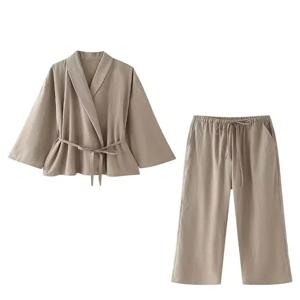 HH 여성 루즈 와이드 레그 팬츠 세트 패션 라펠 V넥 긴팔 얇은 블레이저 코트 벨트 포함 2024 여름 여성 솔리드 슈트