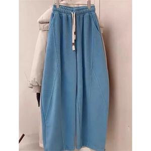 블루 하이웨이스트 와이드 레그 팬츠 여성용 가을 겨울 두꺼운 캐주얼 나이프 엣지 바지 슬림핏 하이셀링 스타일